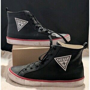 Guess Mens Sz 13 Black Faux Leather Logo High Top Sneakers EUC